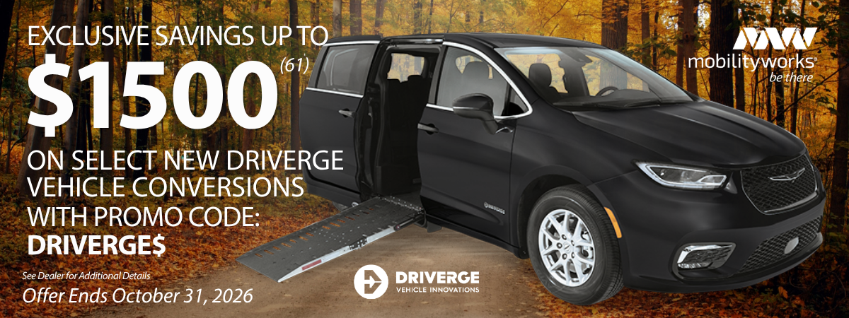 A black wheelchair-accessible van with ramp extended in a forest setting, advertising up to $1500 savings on conversions with promo code DRIVERGE$, offer ends October 31, 2026.