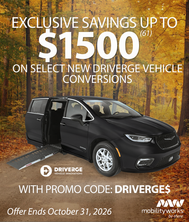 Black minivan with wheelchair ramp extended, surrounded by fall trees. Promo text offers up to $1500 off new conversions with code DRIVERGE$. Offer ends October 31, 2026.