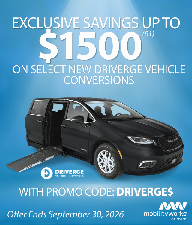Dark gray accessible van with ramp extended, text advertising up to $1500 savings on Driverge vehicle conversions with promo code DRIVERGE$; offer ends September 30, 2026.