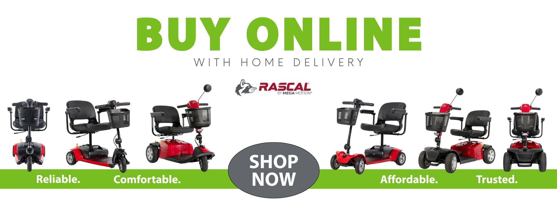 Five red and black mobility scooters are displayed under the text Buy Online with Home Delivery, highlighting reliability, comfort, affordability, and trust. A Shop Now button is centered.