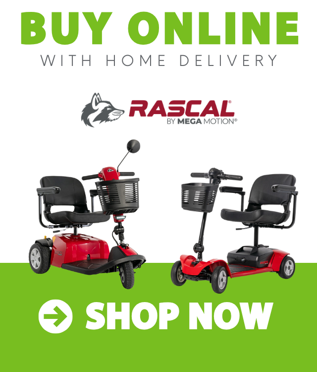 Advertisement for Rascal by Mega Motion showing two mobility scooters with text: Buy Online with Home Delivery and Shop Now button.
