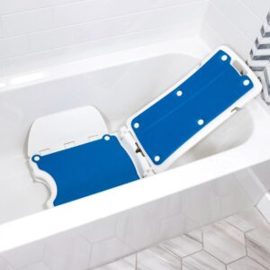 A BathLyft Power Bathtub Lift in blue and white is set up inside a white bathtub, with hexagonal floor tiles nearby.