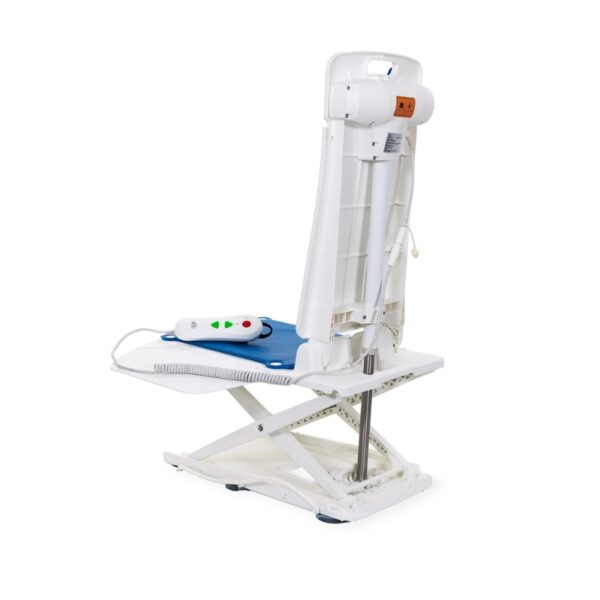 The BathLyft Power Bathtub Lift, featuring a white and blue design, high backrest, metal scissor lift mechanism, and wired remote control, is shown against a plain background.
