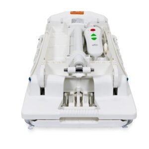 BathLyft Power Bathtub Lift viewed from the front, displaying wheels, internal components, and a control panel with green and red indicator lights.