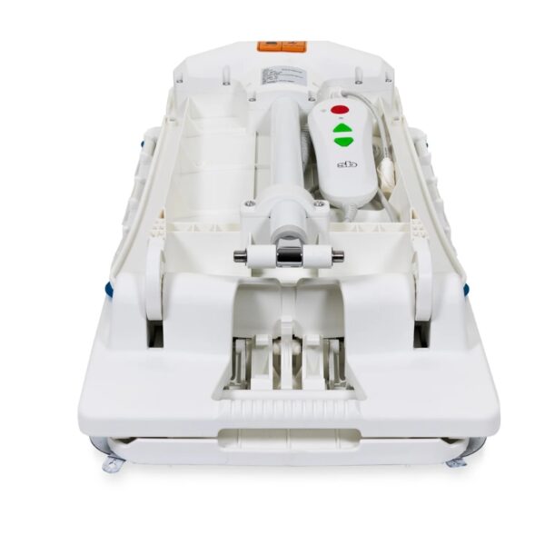 BathLyft Power Bathtub Lift viewed from the front, displaying wheels, internal components, and a control panel with green and red indicator lights.