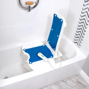 A BathLyft Power Bathtub Lift in blue and white, designed for the eco traveller sb7e lifestyle and featuring a remote control, is placed inside a white bathtub in a tiled bathroom.
