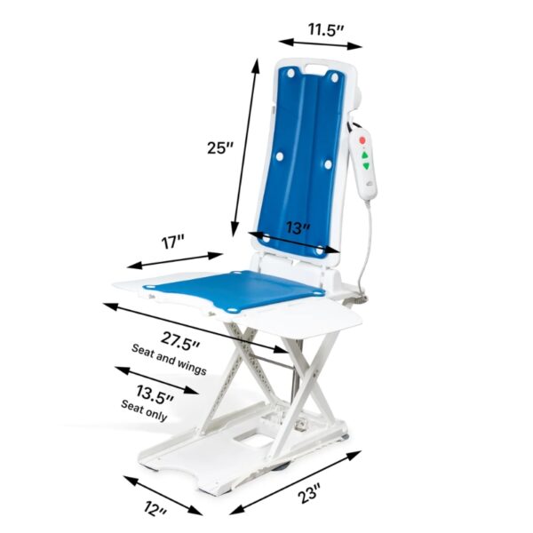 The BathLyft Power Bathtub Lift, in blue and white, features a winged seat, remote control, and clearly labeled dimensions for safe and convenient bathroom use.