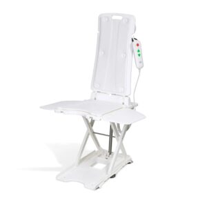 The BathLyft Power Bathtub Lift is a white adjustable bath lift chair with a high backrest and handheld remote, designed to help users safely get in and out of the bathtub.