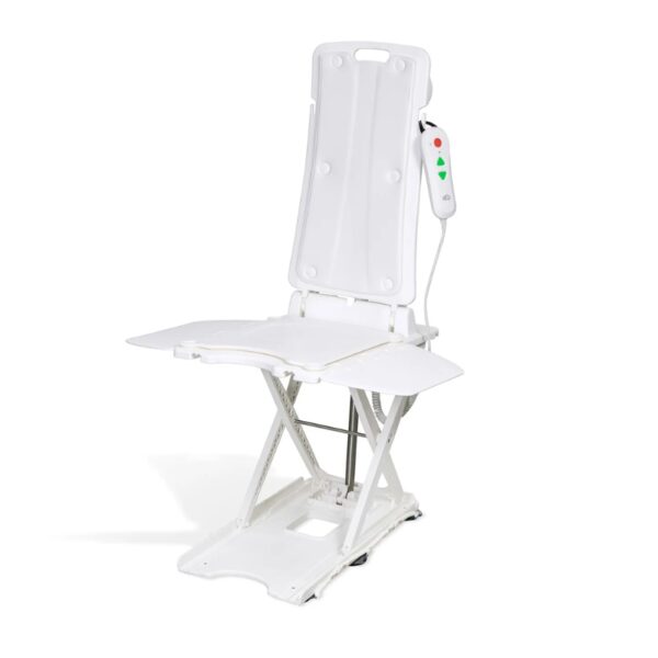 The BathLyft Power Bathtub Lift is a white adjustable bath lift chair with a high backrest and handheld remote, designed to help users safely get in and out of the bathtub.