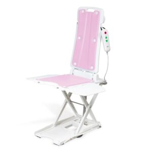 The BathLyft Power Bathtub Lift is a white and pink bath chair with a handheld control, designed to help users with limited mobility bathe safely and comfortably.