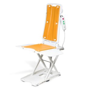 The BathLyft Power Bathtub Lift is a white and orange adjustable bath lift chair with an attached remote control, designed to assist users in safely entering and exiting the bathtub.