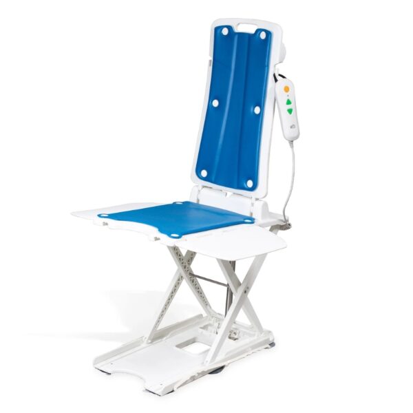 The BathLyft Power Bathtub Lift is a white and blue electric bath lift chair with a remote control, designed to help individuals comfortably get in and out of the bathtub.