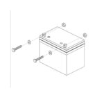 Line drawing of the 49.3AH Battery for Pride Mobility Scooters, showing two bolts, washers, and nuts aligned for installation on the top terminals.