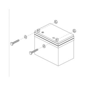 Line drawing of the 49.3AH Battery for Pride Mobility Scooters, showing two bolts, washers, and nuts aligned for installation on the top terminals.