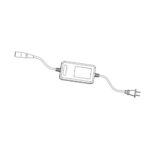 Black and white line drawing of the Battery Charger for Go Go Carbon Scooter, featuring a rectangular central unit with cords leading to a plug on one end and a connector on the other.