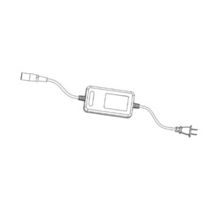 Black and white line drawing of the Battery Charger for Go Go Carbon Scooter, featuring a rectangular central unit with cords leading to a plug on one end and a connector on the other.
