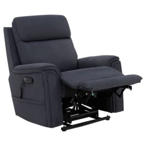 The Evolution Lift Chair, shown on a white background, features dark gray upholstery, an extended footrest, and visible metal mechanisms.