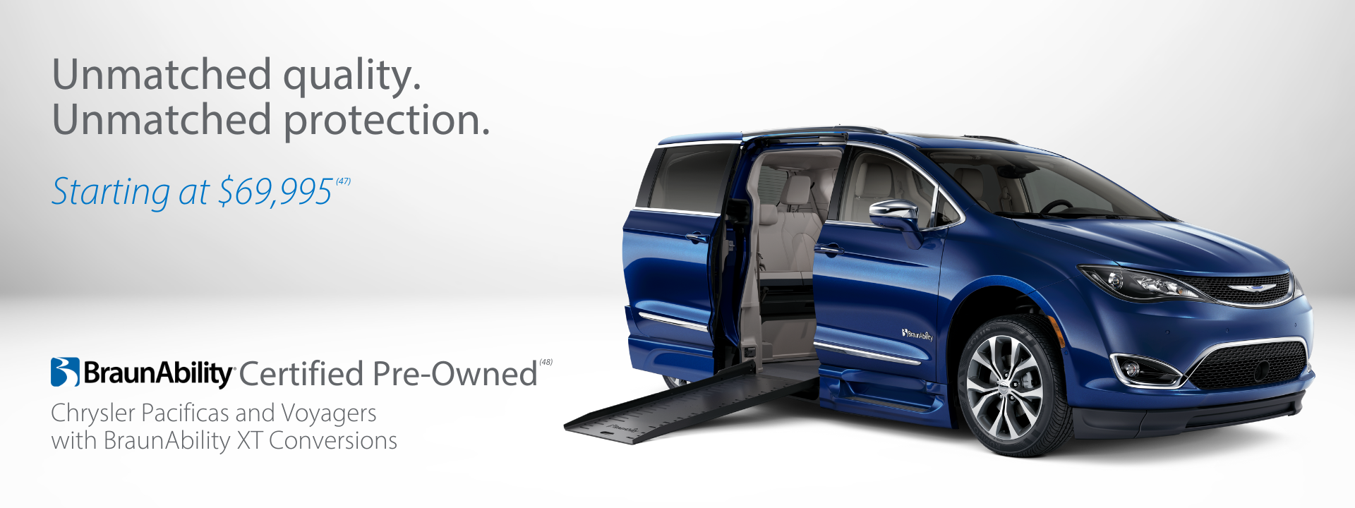 A blue BraunAbility Chrysler Pacifica with a side-entry wheelchair ramp deployed. Text highlights certified pre-owned pricing starting at $69,995.