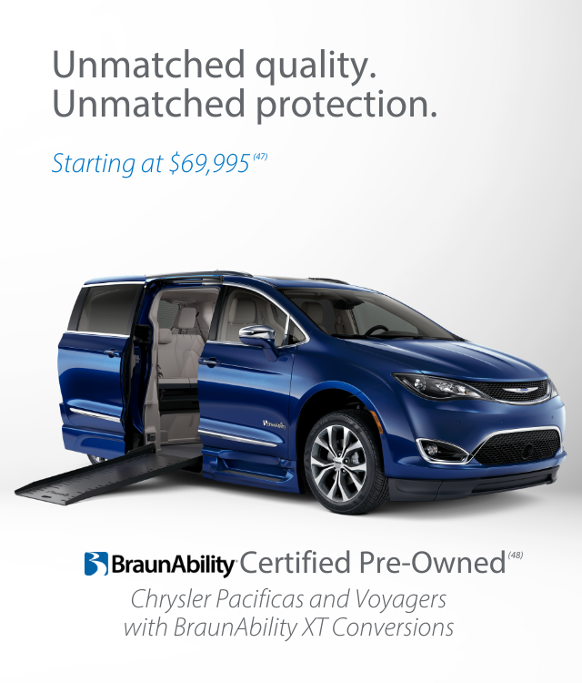 Blue BraunAbility minivan with side-entry wheelchair ramp extended, showcasing accessible interior. Text highlights pricing and certified pre-owned status for Chrysler Pacifica and Voyager models.