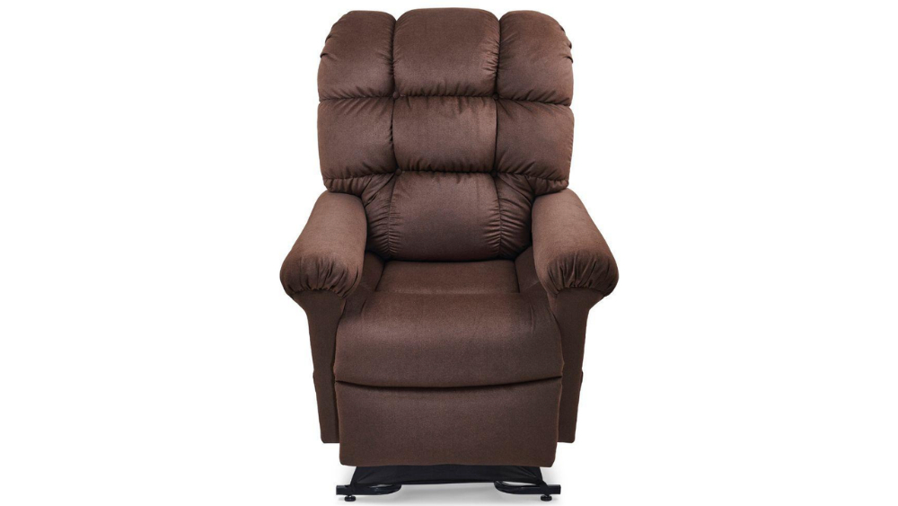 The Cloud Lift Chair, featuring brown upholstery with a plush, padded backrest and armrests, is displayed from the front against a white background.