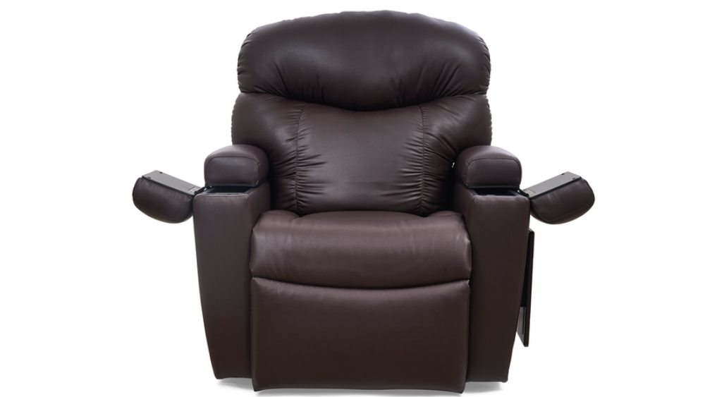 A large, dark brown leather Cloud+ with Twilight Lift Chair recliner featuring padded armrests—and both armrests open to reveal storage compartments—displayed against a white background.