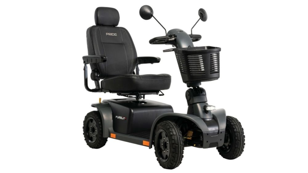 A black Pursuit 2 4-Wheel Scooter featuring a padded seat, armrests, headrest, handlebars, and a front basket.