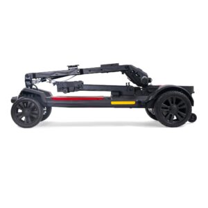 The Buzzaround CarryOn 4-Wheel Scooter is shown folded flat, highlighting its wheels and compact frame, perfect for easy transport or storage.