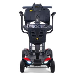 A front view of the Buzzaround CarryOn 4-Wheel Scooter in black, featuring a seat, handlebars, and illuminated headlights, set against a white background.