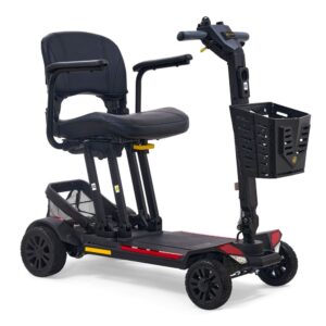 The Buzzaround CarryOn 4-Wheel Scooter features a black seat, armrests, handlebars, and a front basket—designed for convenient personal transportation.