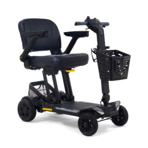 The Buzzaround CarryOn HD 4-Wheel Scooter is black and features a padded seat, armrests, handlebars, and a convenient front basket.