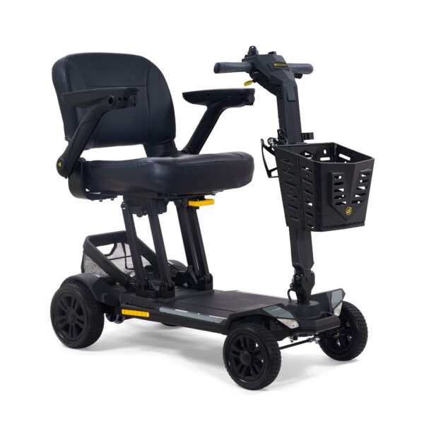 The Buzzaround CarryOn HD 4-Wheel Scooter is black and features a padded seat, armrests, handlebars, and a convenient front basket.