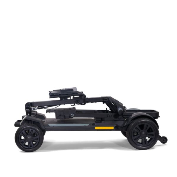 A folded black Buzzaround CarryOn HD 4-Wheel Scooter is displayed against a plain white background.