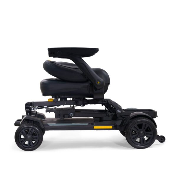 A compact, collapsed Buzzaround CarryOn HD 4-Wheel Scooter in black is shown with four wheels and a folded seat, set against a white background.