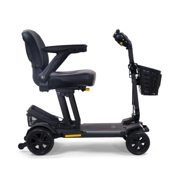 Side view of the Buzzaround CarryOn HD 4-Wheel Scooter in black, featuring a seat, armrests, control panel, and front storage basket, displayed against a white background.
