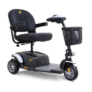 A BuzzAround EX 3-Wheel Scooter in black, featuring a front basket, padded seat with armrests, and simple control handles for easy use.
