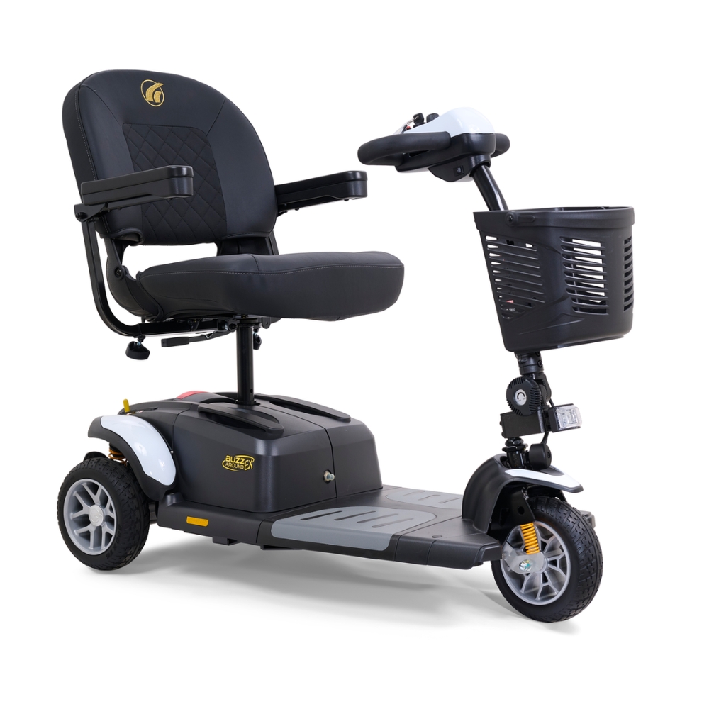 A BuzzAround EX 3-Wheel Scooter in black, featuring a front basket, padded seat with armrests, and simple control handles for easy use.