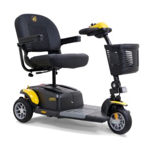 The BuzzAround EX 3-Wheel Scooter is an electric mobility scooter with a black seat, armrests, front basket, and yellow accents, designed for personal transportation.