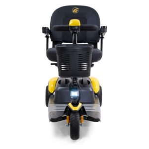 A front view of the BuzzAround EX 3-Wheel Scooter, featuring a black seat, armrests, storage basket, yellow accents, headlight, and front suspension.
