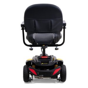 Rear view of a black BuzzAround EX 3-Wheel Scooter by Golden Technologies, shown on a white background with padded seat, reflectors, and textured tires.