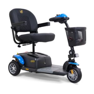 The BuzzAround EX 3-Wheel Scooter is an electric mobility scooter featuring a black seat, armrests, and a front basket—ideal for personal transportation.