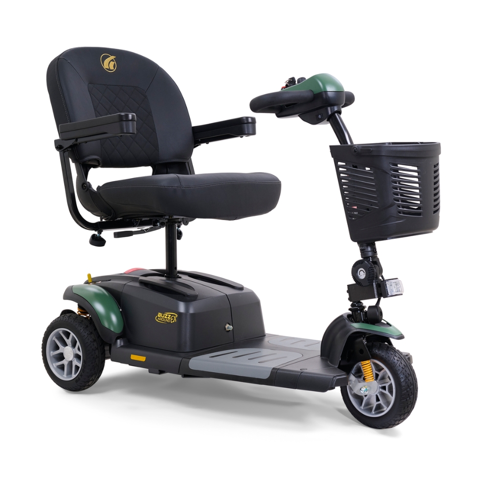 The BuzzAround EX 3-Wheel Scooter features a padded seat, armrests, handlebar controls, and a front basket, displayed against a white background.
