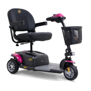 A black and pink BuzzAround EX 3-Wheel Scooter by Golden Technologies, featuring armrests, a front basket, and a padded seat.