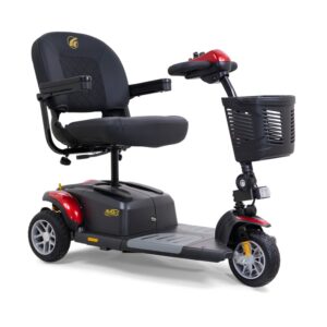 The BuzzAround EX 3-Wheel Scooter features a black seat, red and black body, front basket, and handlebars—perfect for personal transportation.