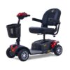 BuzzAround EX 4-Wheel Scooter in red and black, includes a front basket and seat with comfortable armrests.