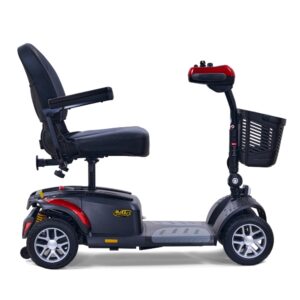 The BuzzAround EX 4-Wheel Scooter in red and black includes a padded seat, armrests, an easy-to-use control panel, and a handy front basket for essentials.