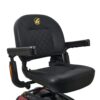 The BuzzAround EX 4-Wheel Scooter features a black seat with a diamond-patterned backrest, supportive armrests, and an elegant gold logo on the upper backrest.