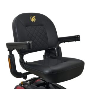 The BuzzAround EX 4-Wheel Scooter features a black seat with a diamond-patterned backrest, supportive armrests, and an elegant gold logo on the upper backrest.