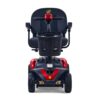 Front view of a red four-wheeled mobility scooter, reminiscent of the sleek BuzzAround EX, featuring a black seat, basket, and steering column.