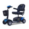 The BuzzAround EX 4-Wheel Scooter is a sleek black and yellow motorized mobility scooter with a padded seat, armrests, and a front basket, all set against a pristine white background.