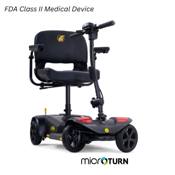 The BuzzAround LT 4-Wheel Scooter, a compact black and red mobility device with armrests and handlebars, is an FDA Class II medical device displayed on a white background featuring the microTURN logo.